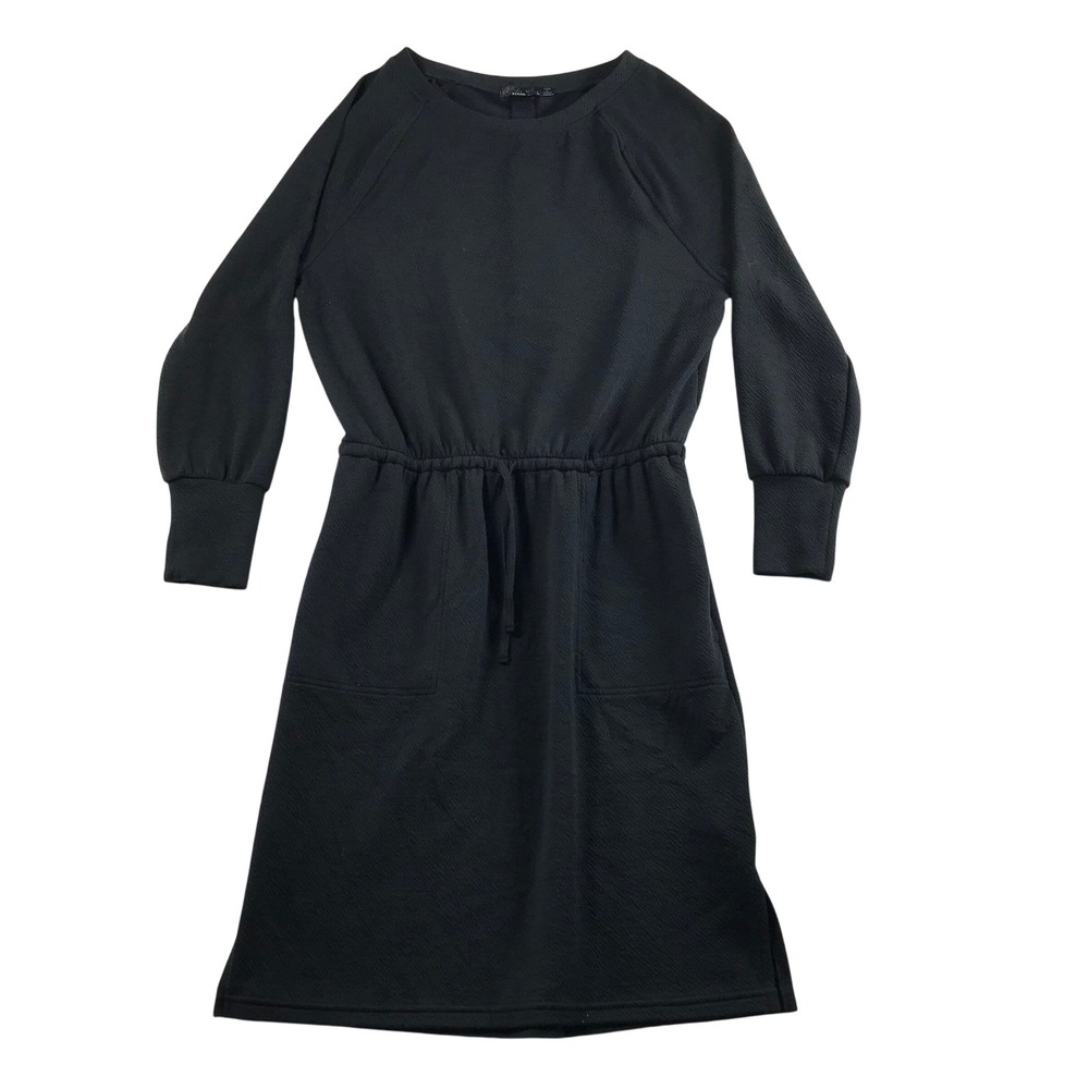 Prana Black Textured Raglan Long Sleeve Drawstring Waist Pocket Dress Large